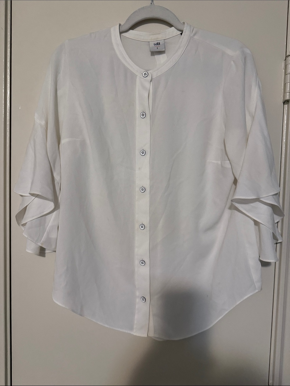 CAbi White Ruffle-Sleeve Button Front Blouse